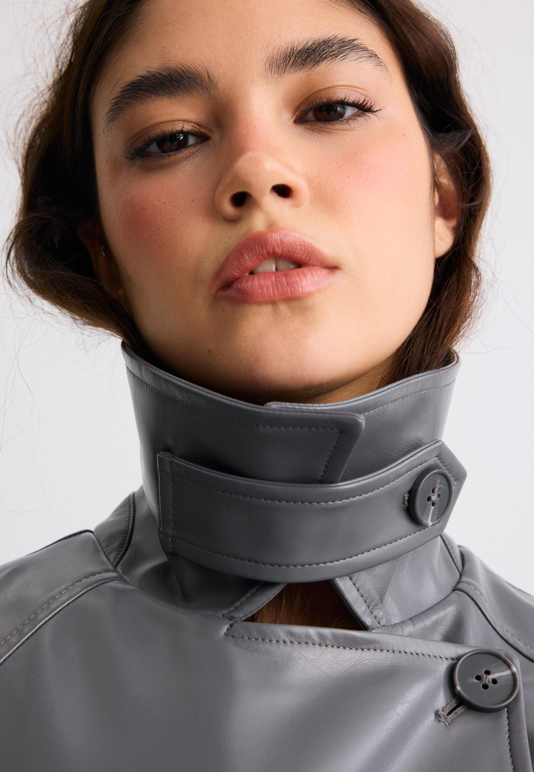 Long leather effect trench coat — Dark grey