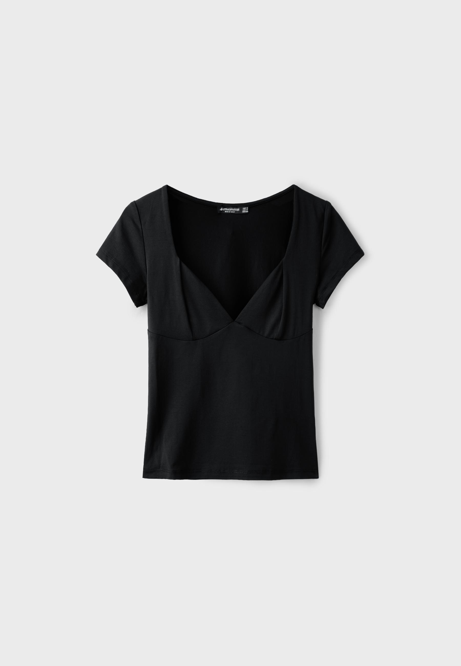 Polyamide V-neck cap sleeve T-shirt — Black