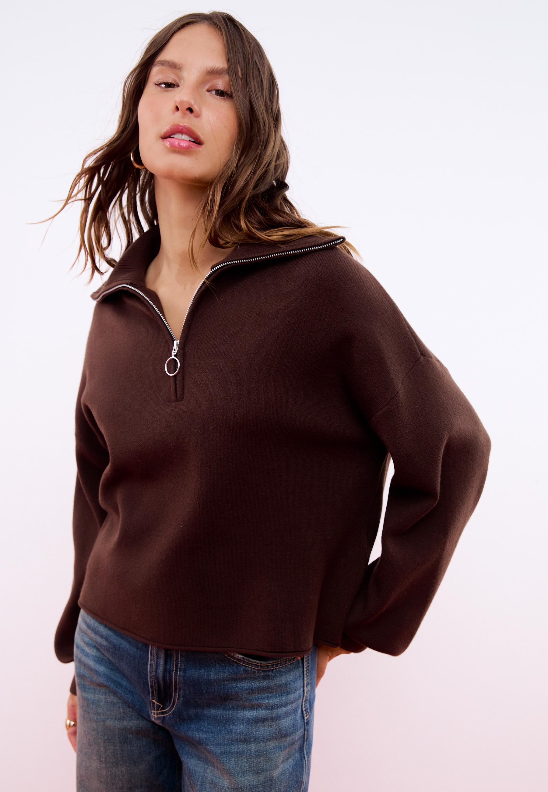 Knit jumper with zip — Brown