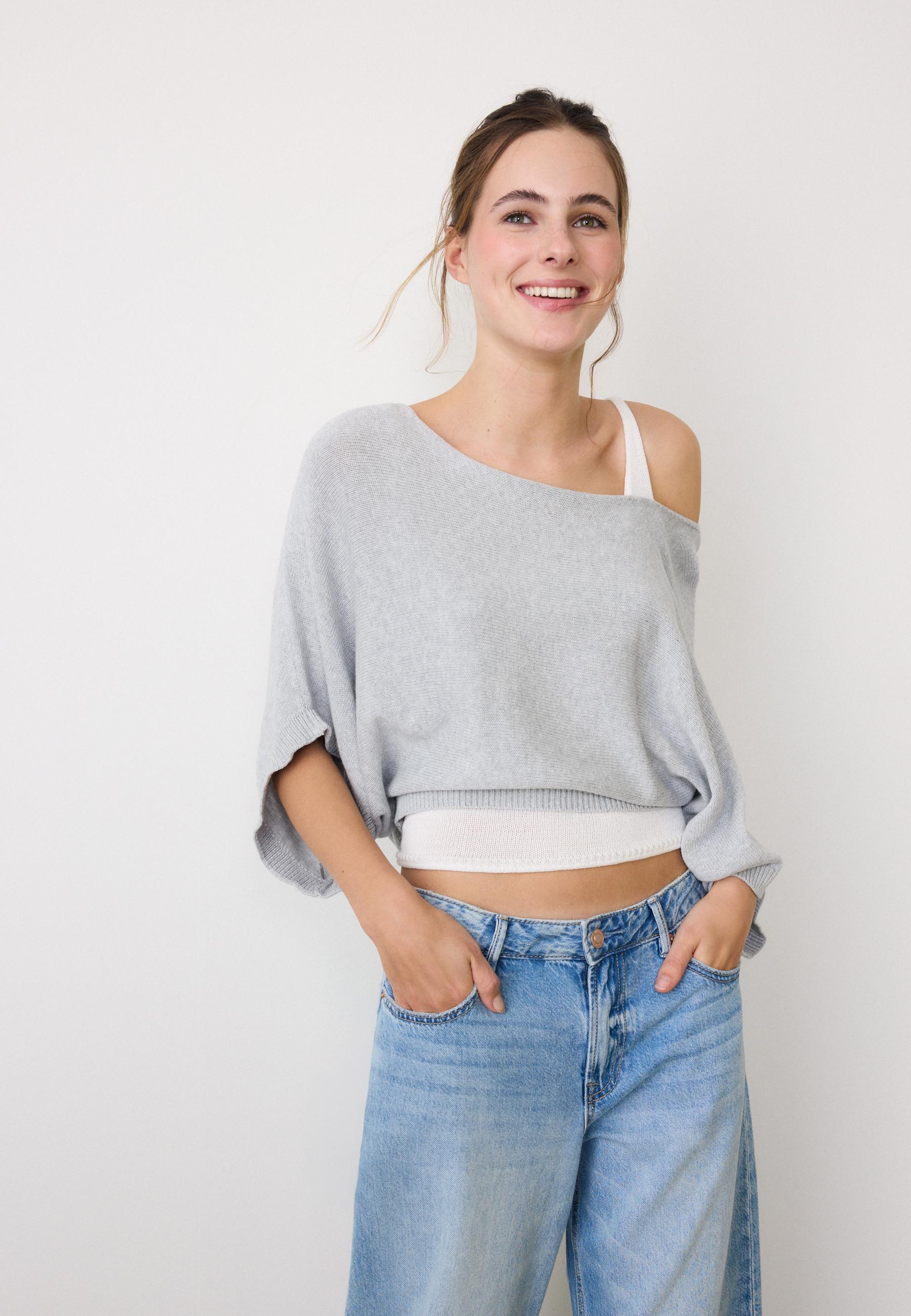 Boat neck knit jumper with overlay — Grey melange