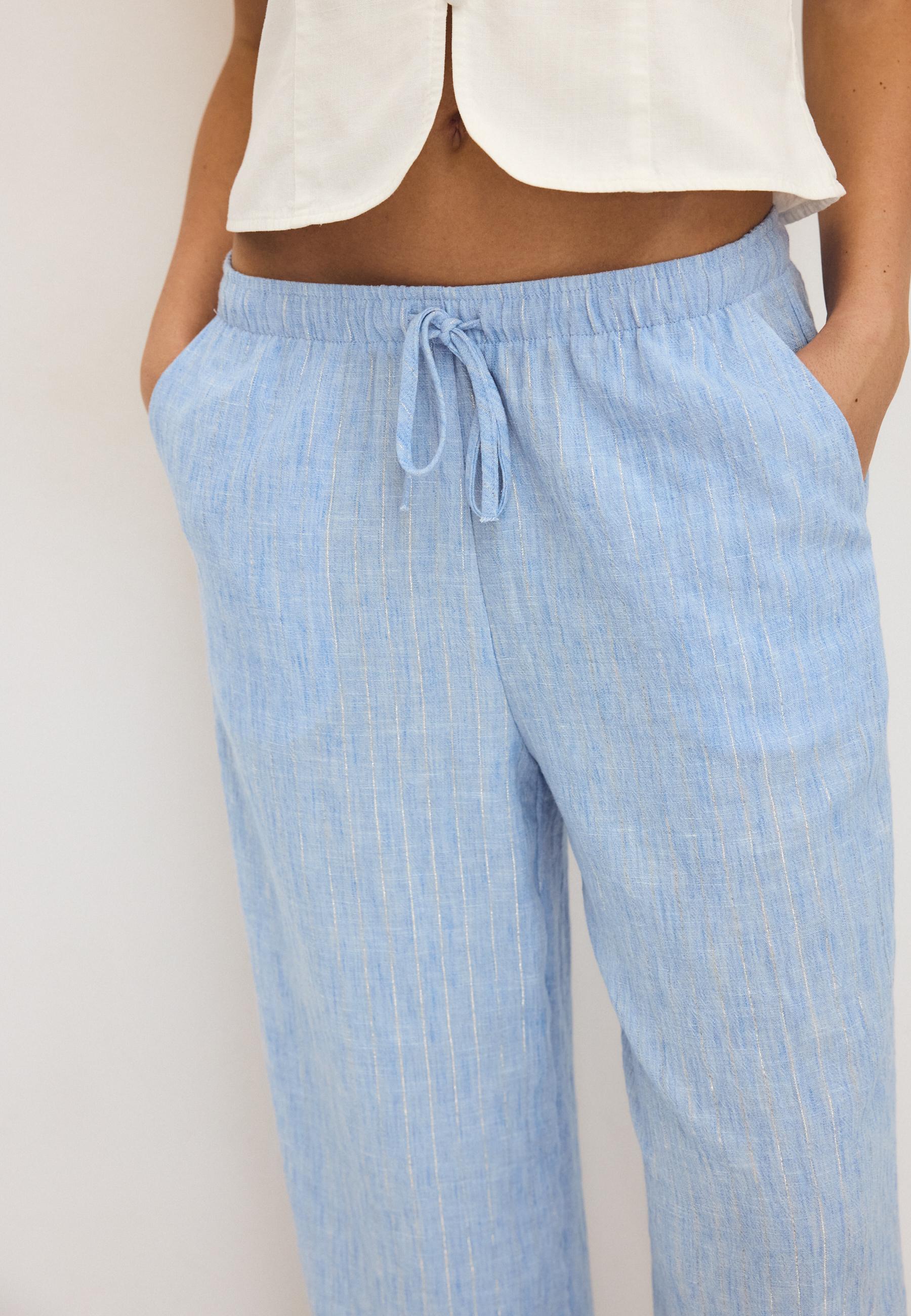Flowing metallic thread linen-effect trousers — Blue