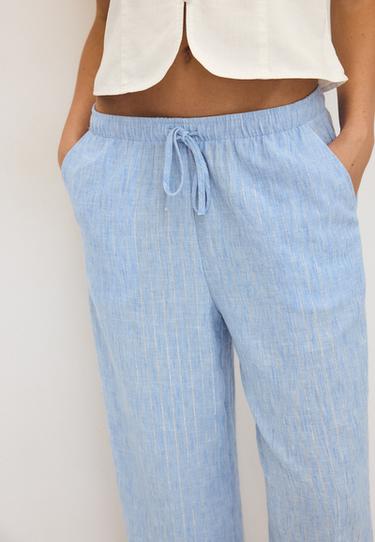 Flowing linen-effect metallic thread trousers — Blue 6