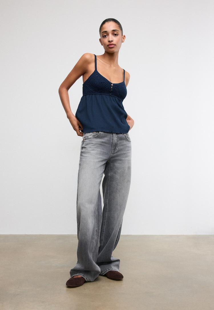 Stradivarius Τοπ Κροσέ Με Βολάν Navy Blue M
