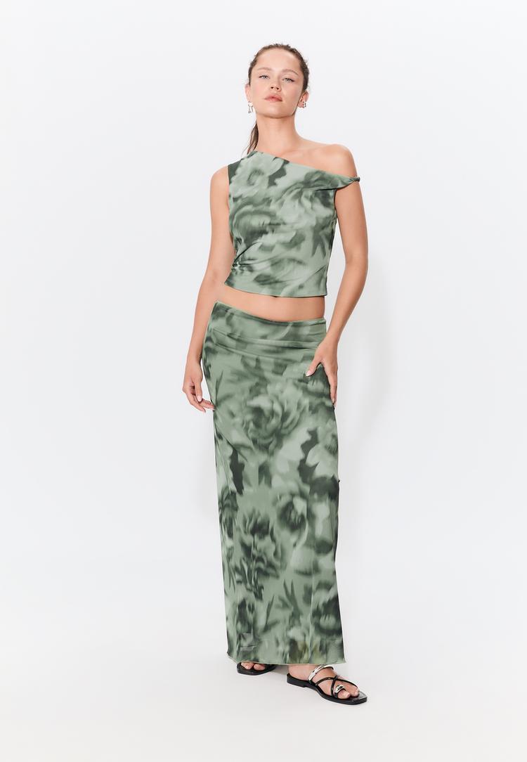printed asymmetric tulle t shirt
