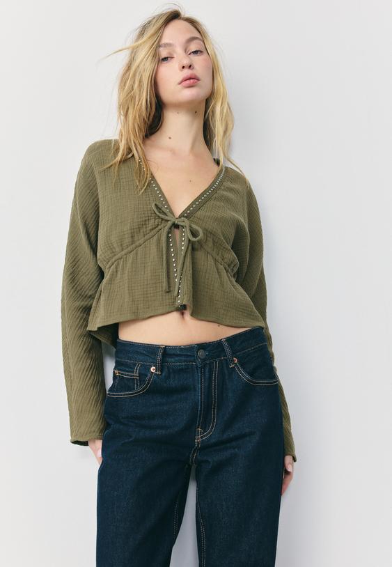 Stradivarius Open Studded Shirt Khaki S