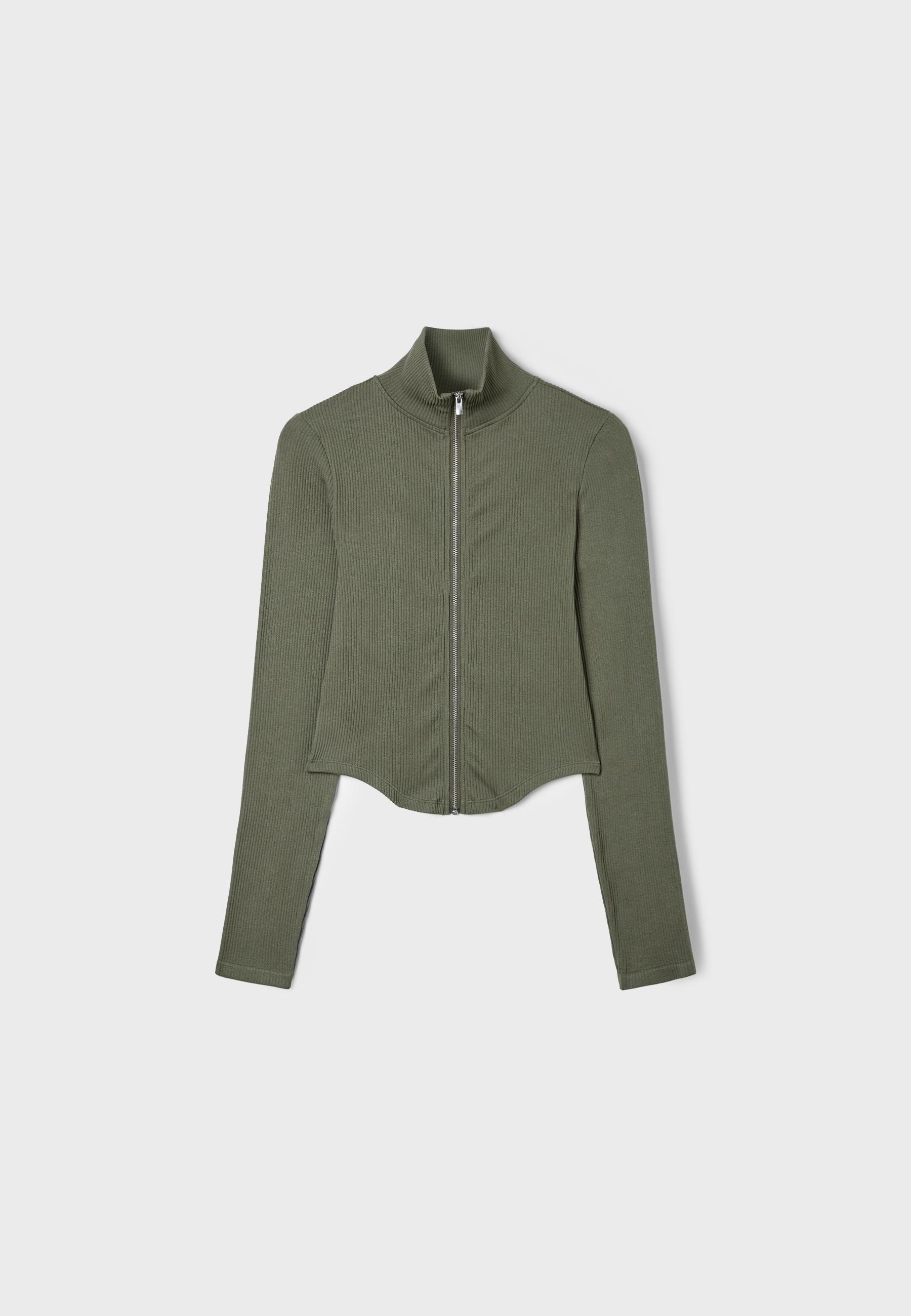 Fitted zip-up T-shirt — Khaki