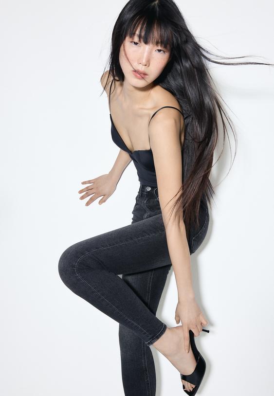 Stradivarius Jean D09 Skinny Taille Très Haute Denim Noir Délavé 38