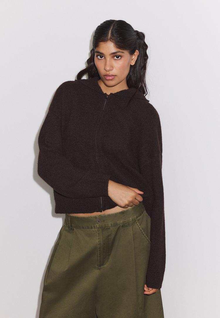 Hooded zip knit cardigan — Brown