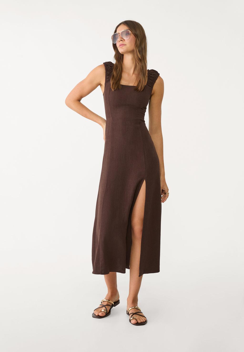 Robe fluide midi croisée dos en lin