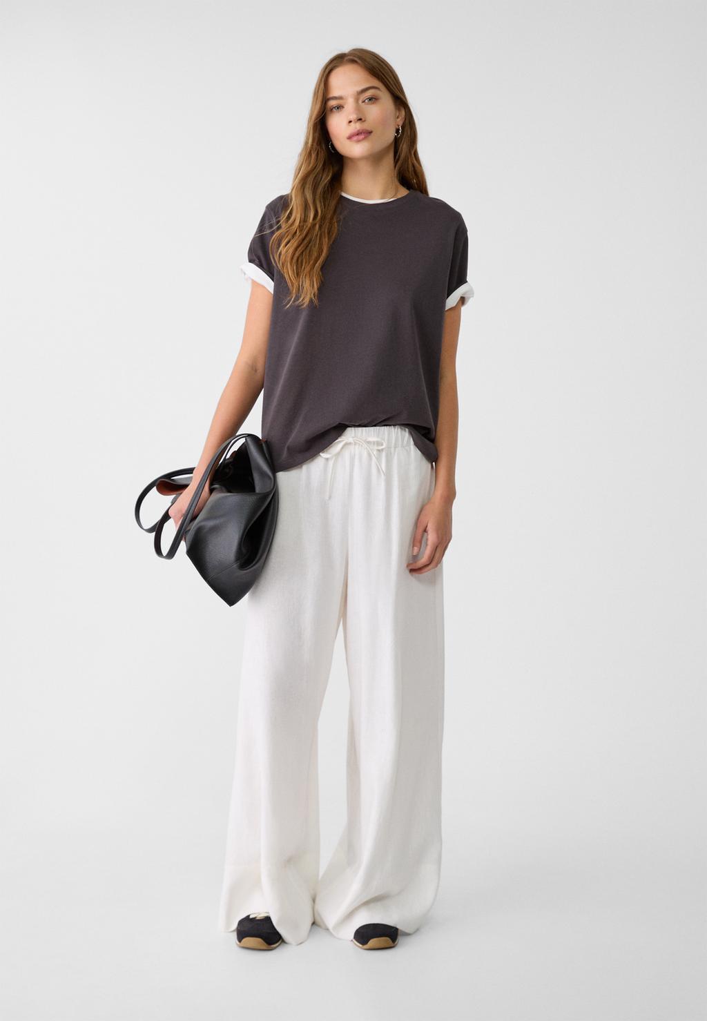 Wide-leg linen blend trousers with elastic waistband