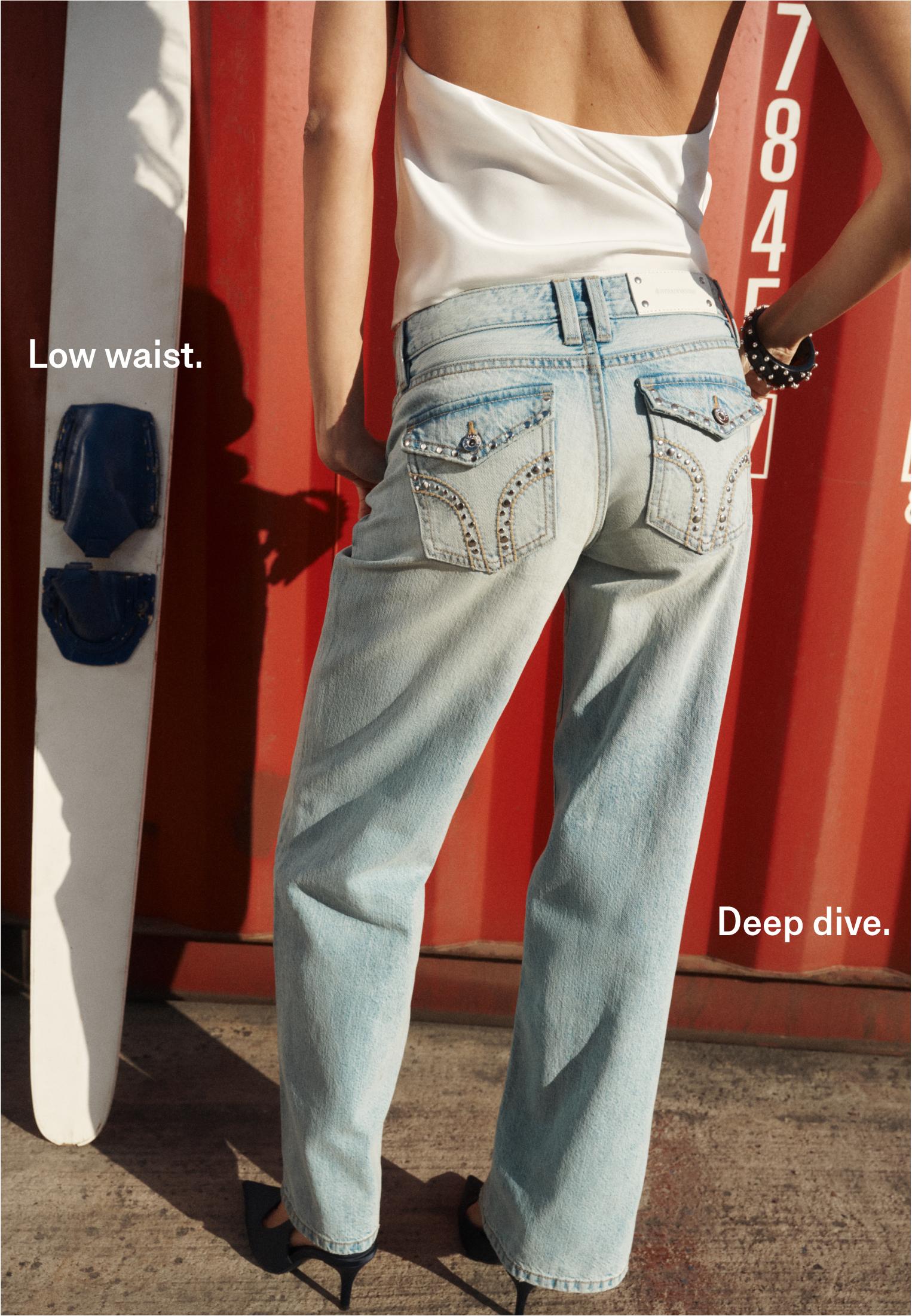 Low-rise straight jeans with studded pockets — OVERDYED BLUE DENIM