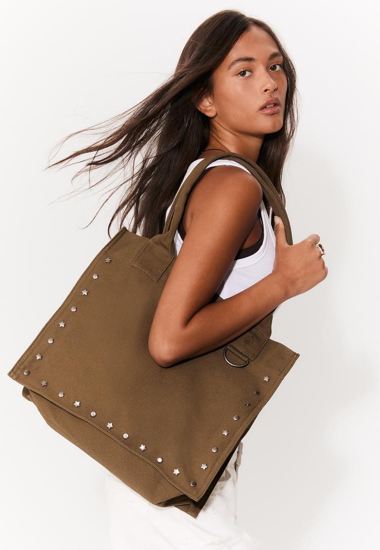 studded fabric tote bag