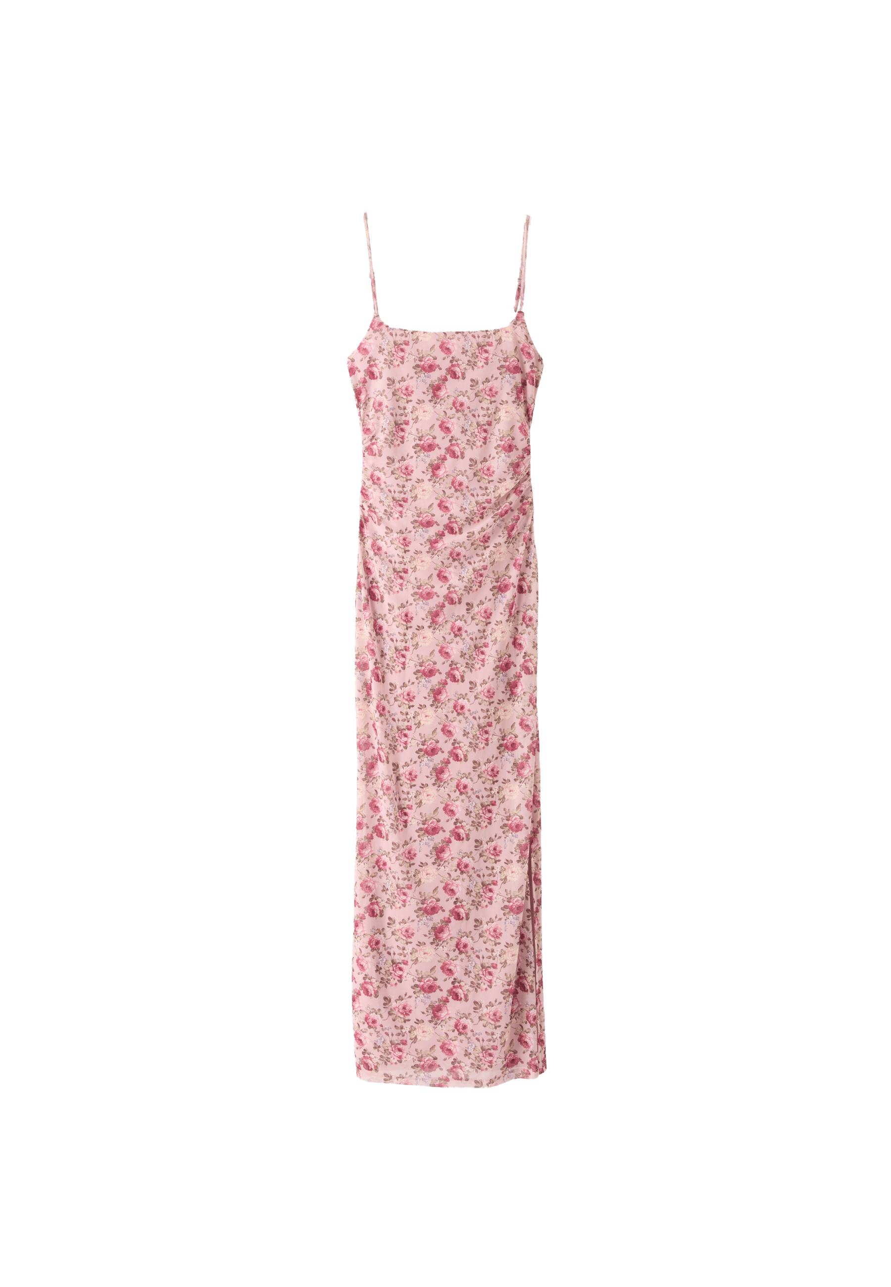 Printed ruched strap midi dress — Pastel pink