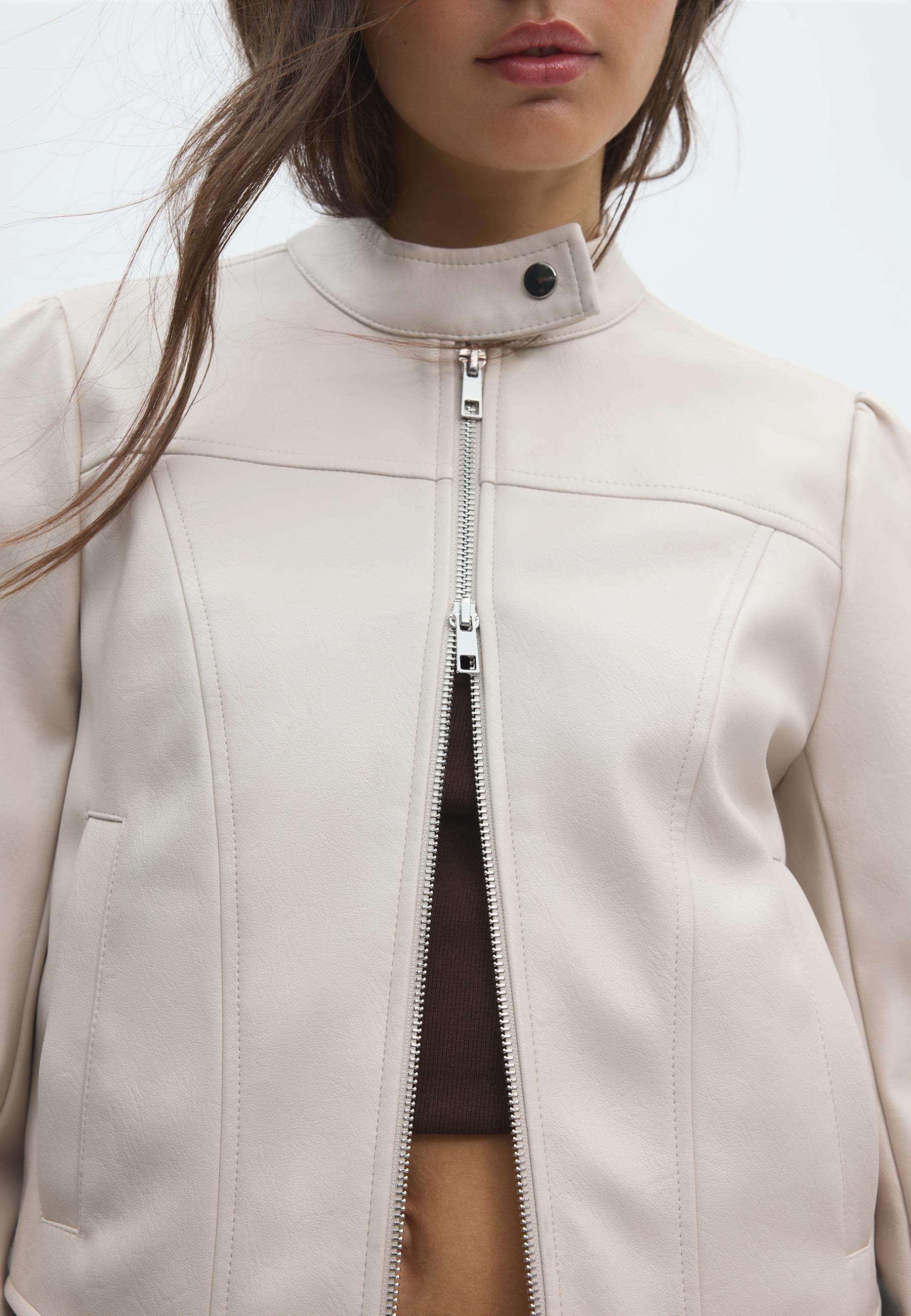 Cropped leather effect biker jacket — Ecru