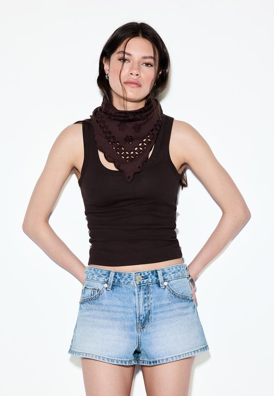 Stradivarius D79 Short Taille Basse Denim Bleu Moyen Délavé 42