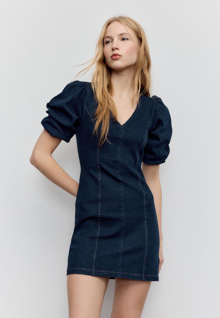 vestito corto denim maniche a sbuffo