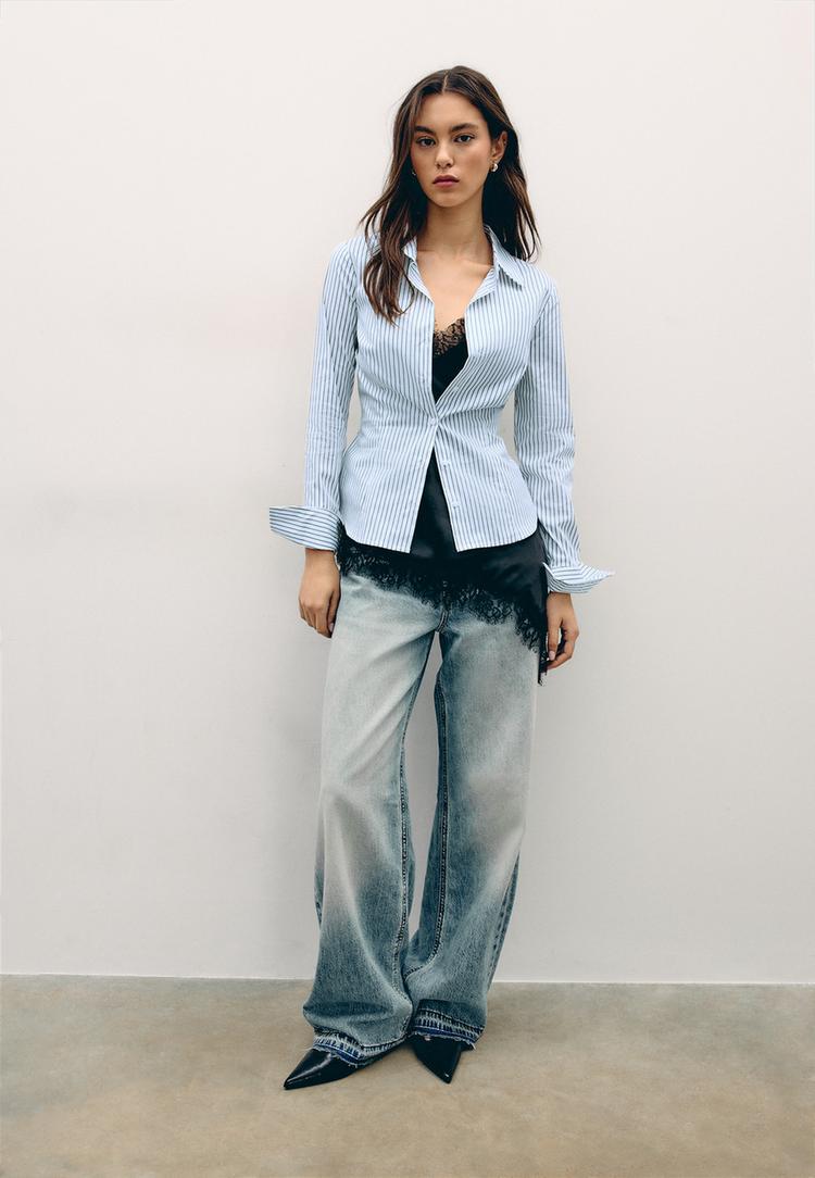 Stradivarius Βασικό Fitted Ριγέ Πουκάμισο Μαύρο S