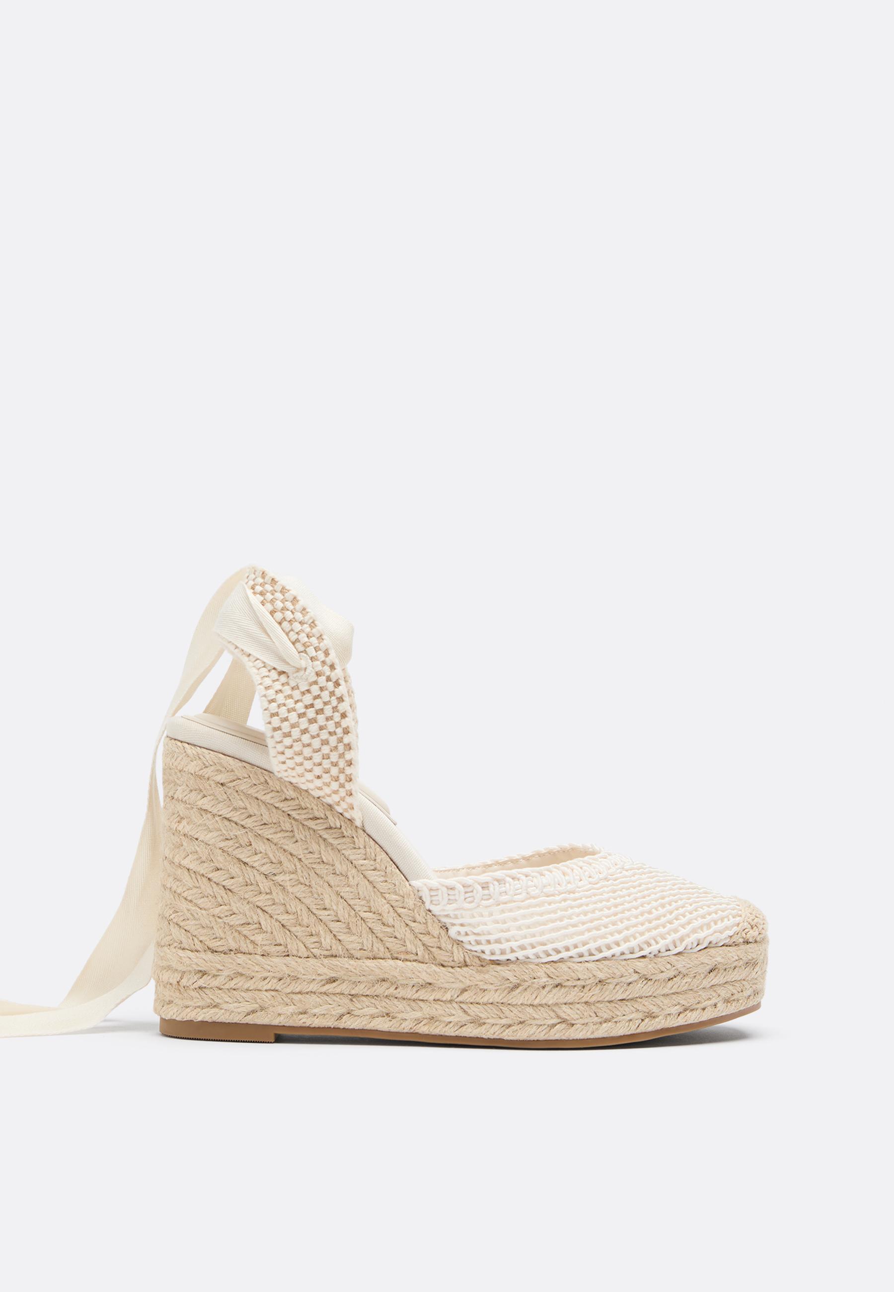 Lace-up jute platform wedges — ECRU