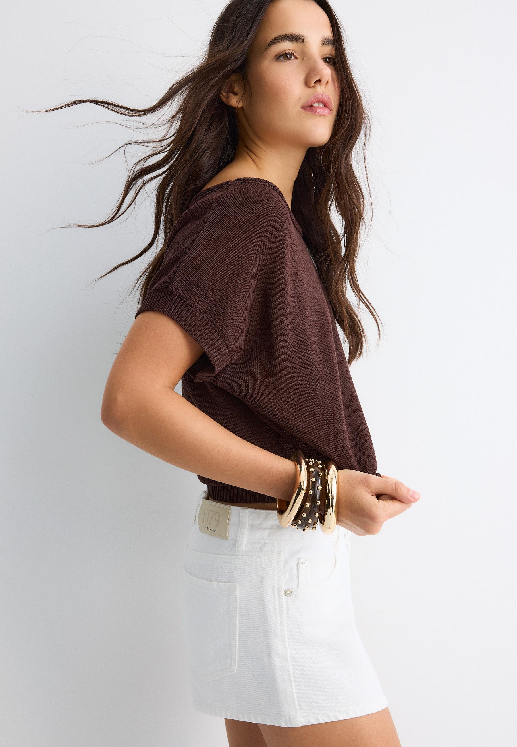 Rustic knit boat neck top — Brown