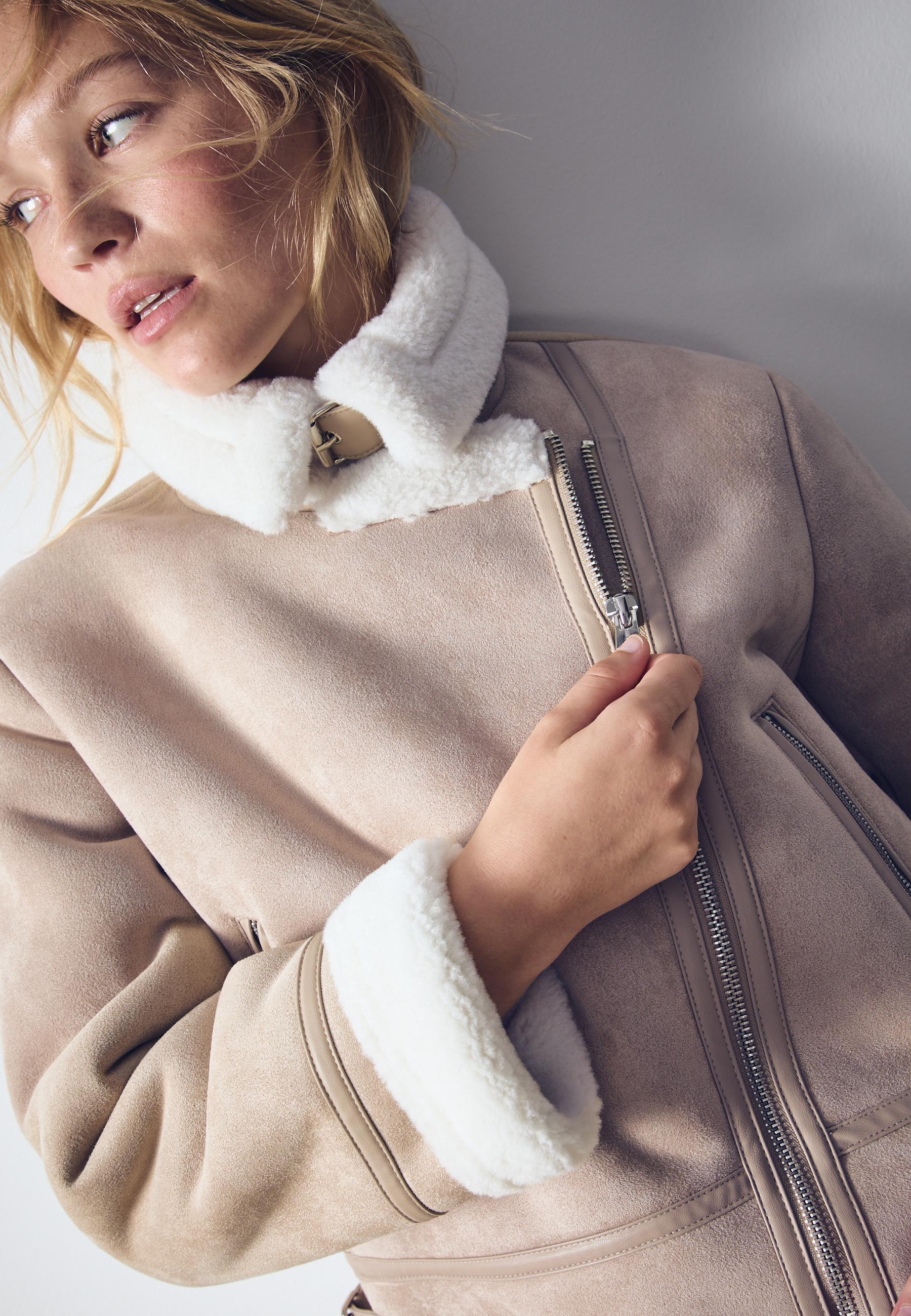Faux suede biker jacket — Ecru