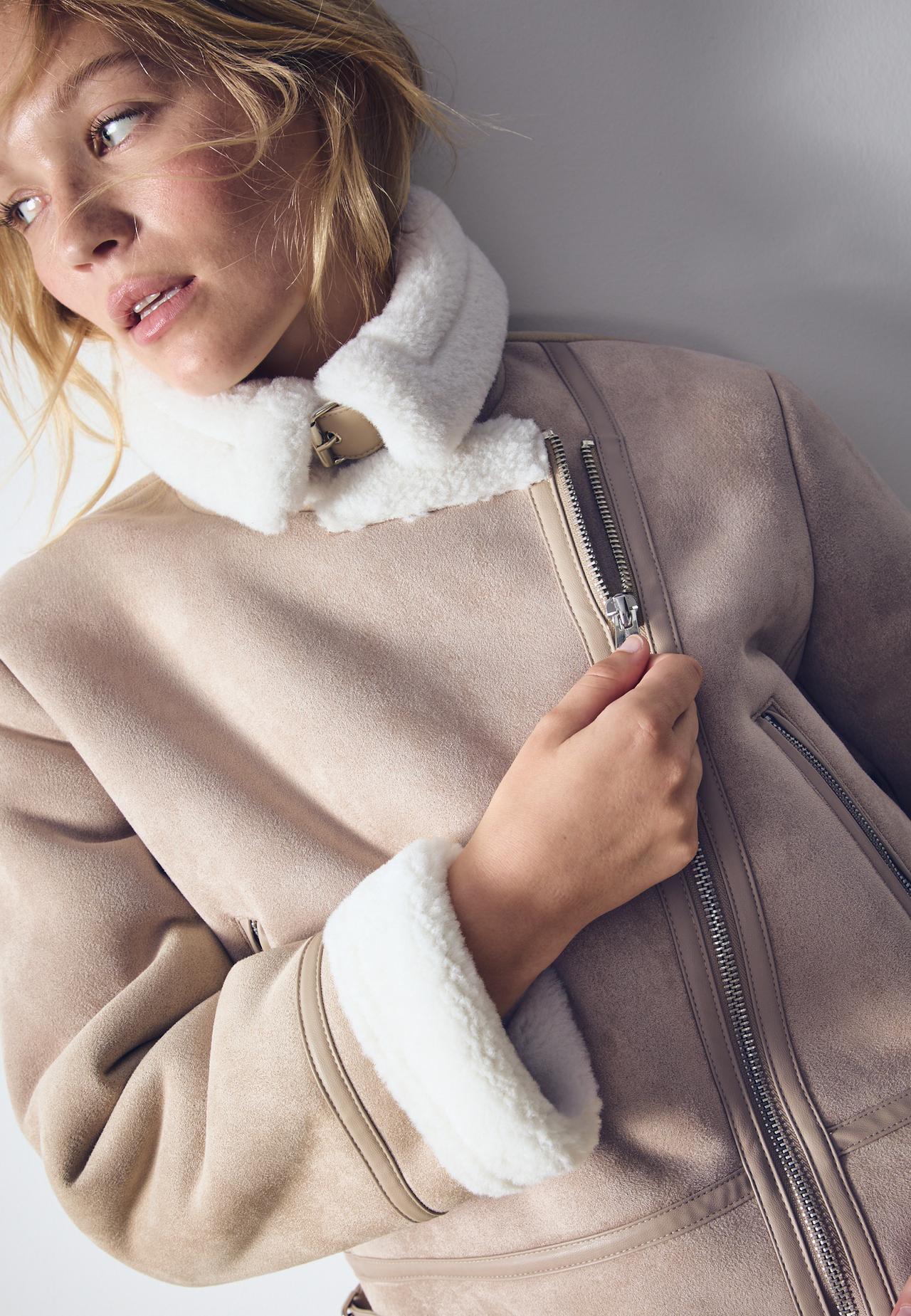 Faux suede double-faced biker jacket — Ecru