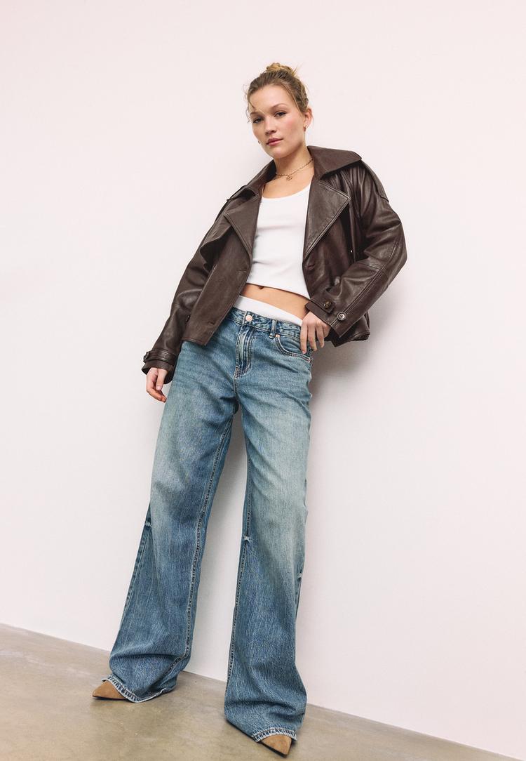 Stradivarius Trench Oversize 100% Δέρμα Καφέ M