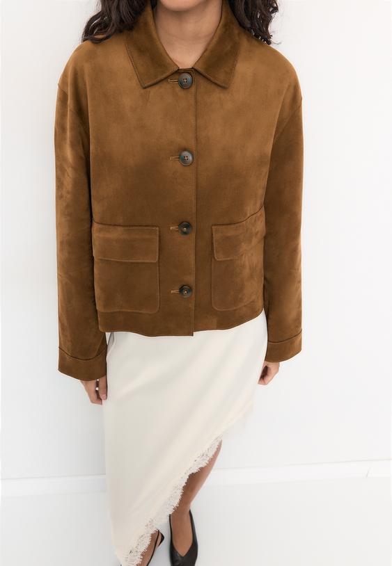Stradivarius Faux Suede Jacket With Pockets Pale Camel Xl