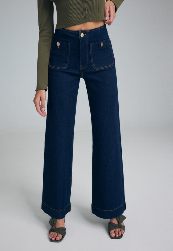 jeans minimalistas d77 com bolsos