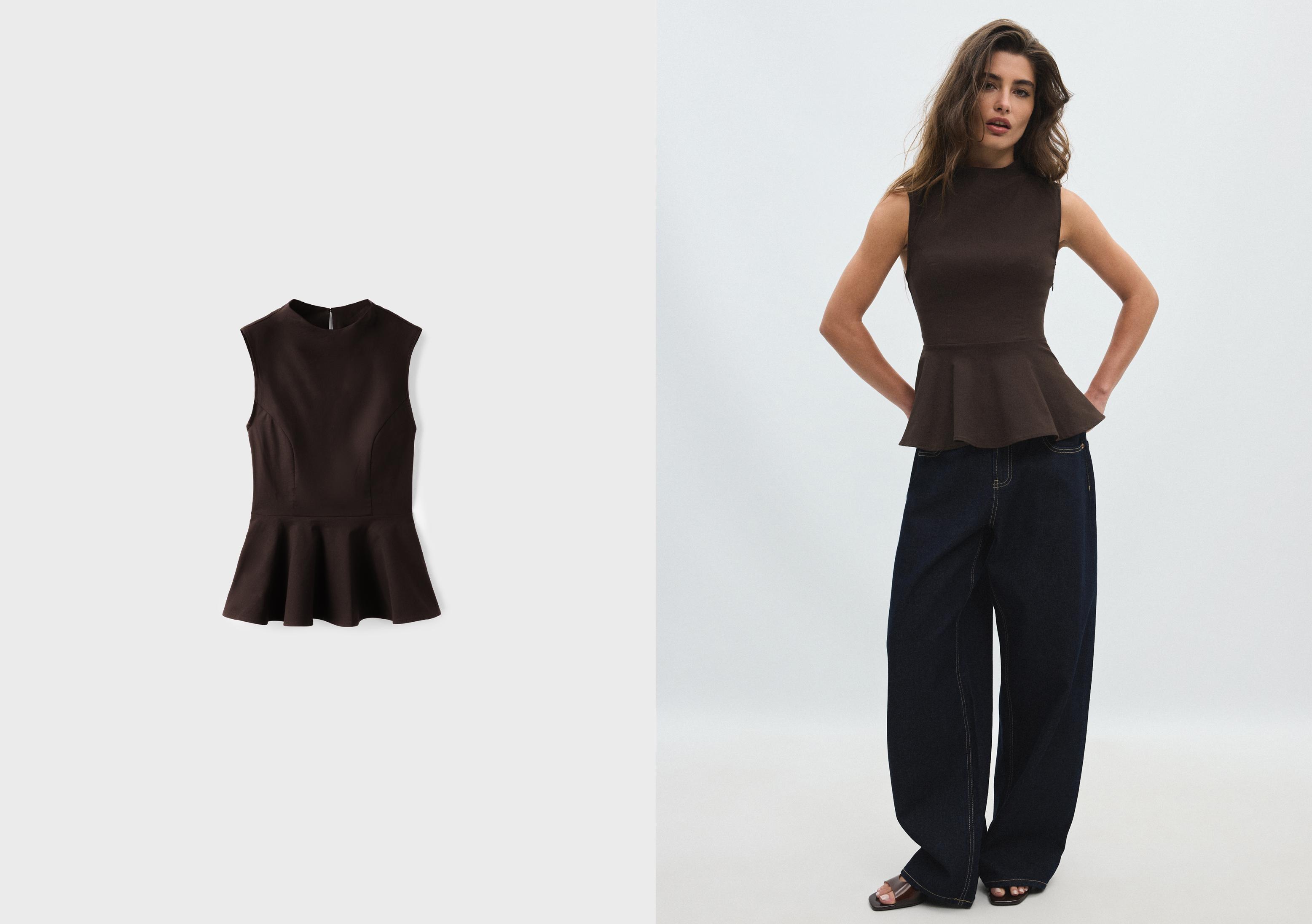Sleeveless high-neck peplum top — Brown