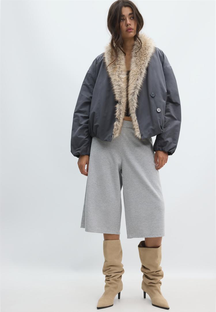 blouson matelasse col chale fausse fourrure