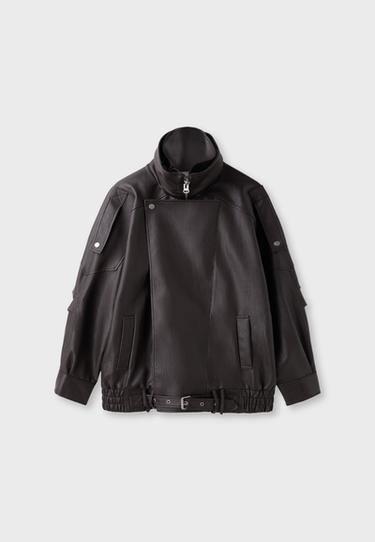Oversize leather effect jacket with flap — Brown 8