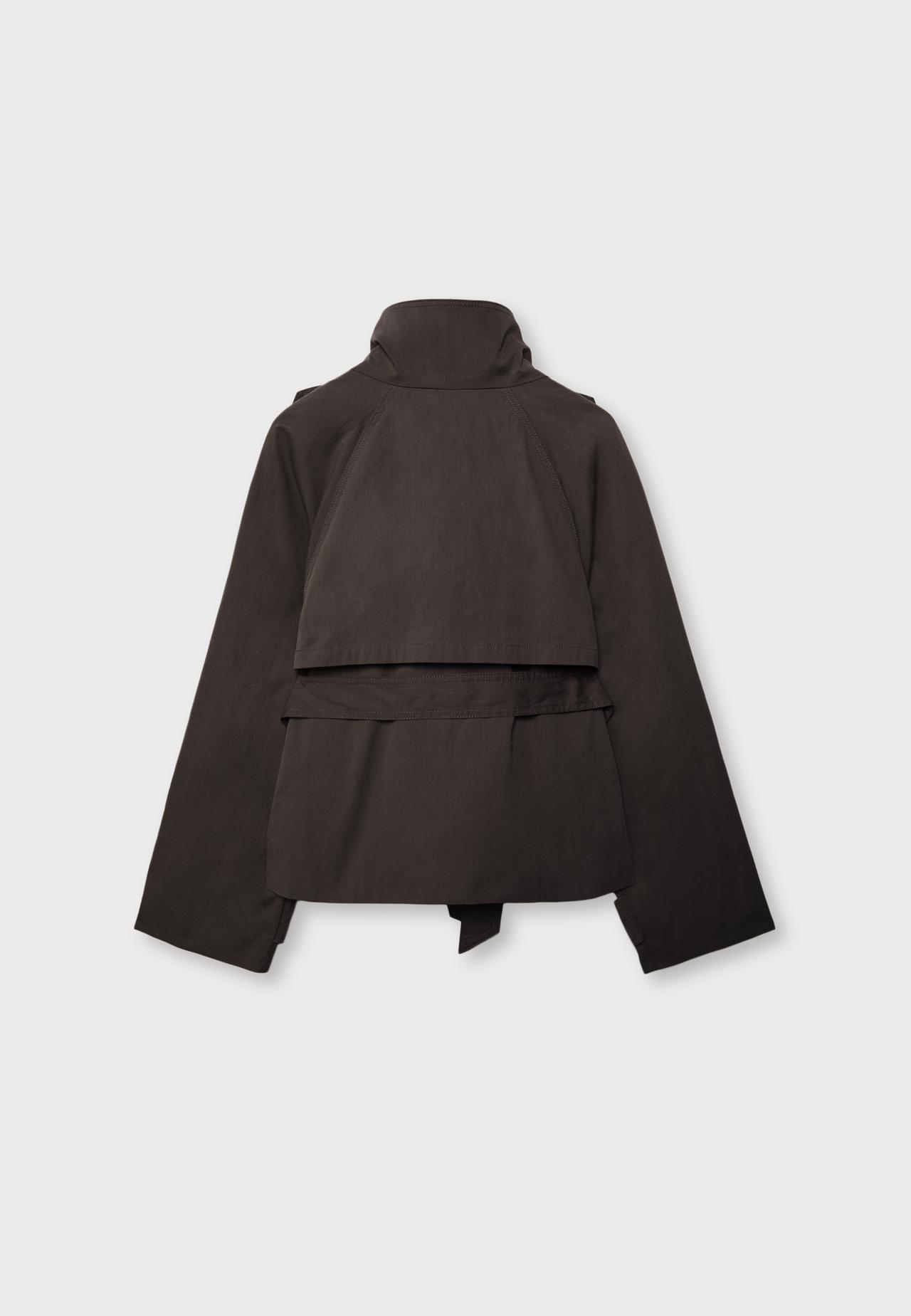 Short high neck trench coat with belt — Brown