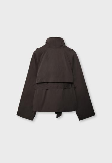 Short high neck trench coat with belt — Brown 8