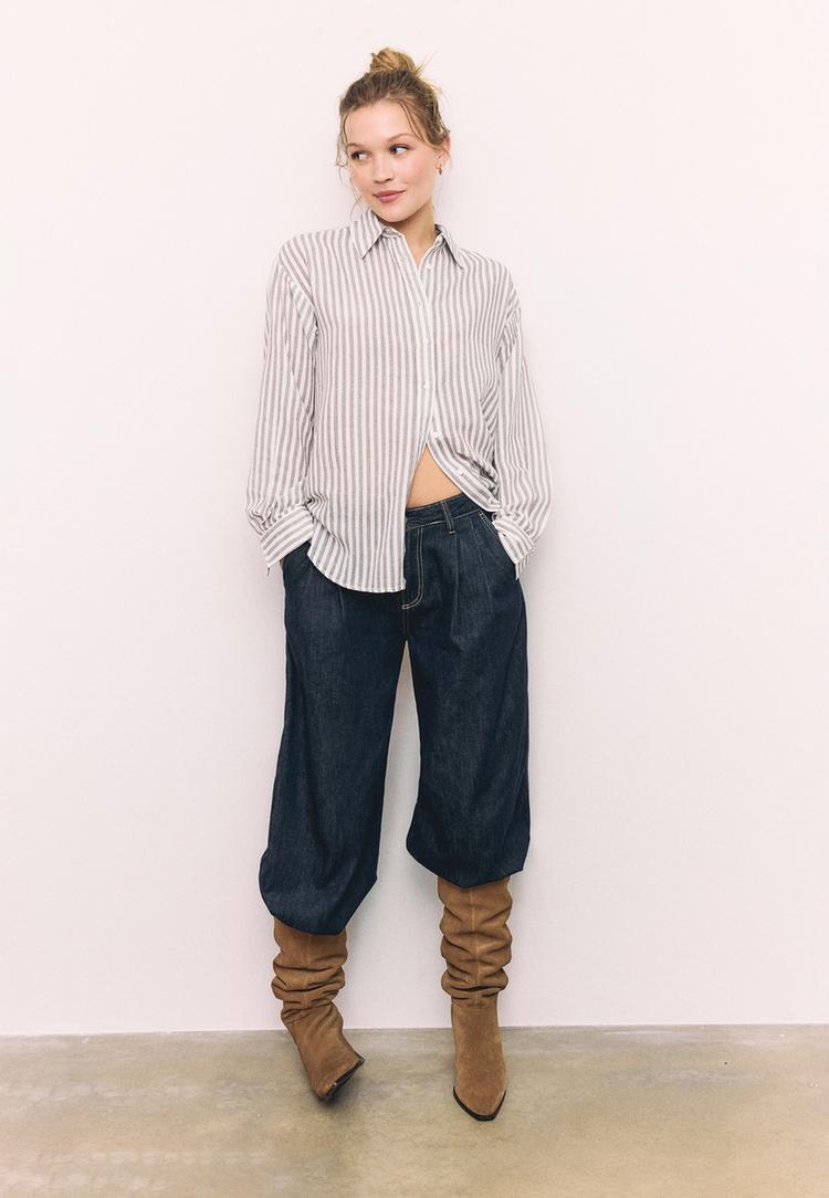 Stradivarius Πουκάμισο Όψη Λινού Καφέ Xs