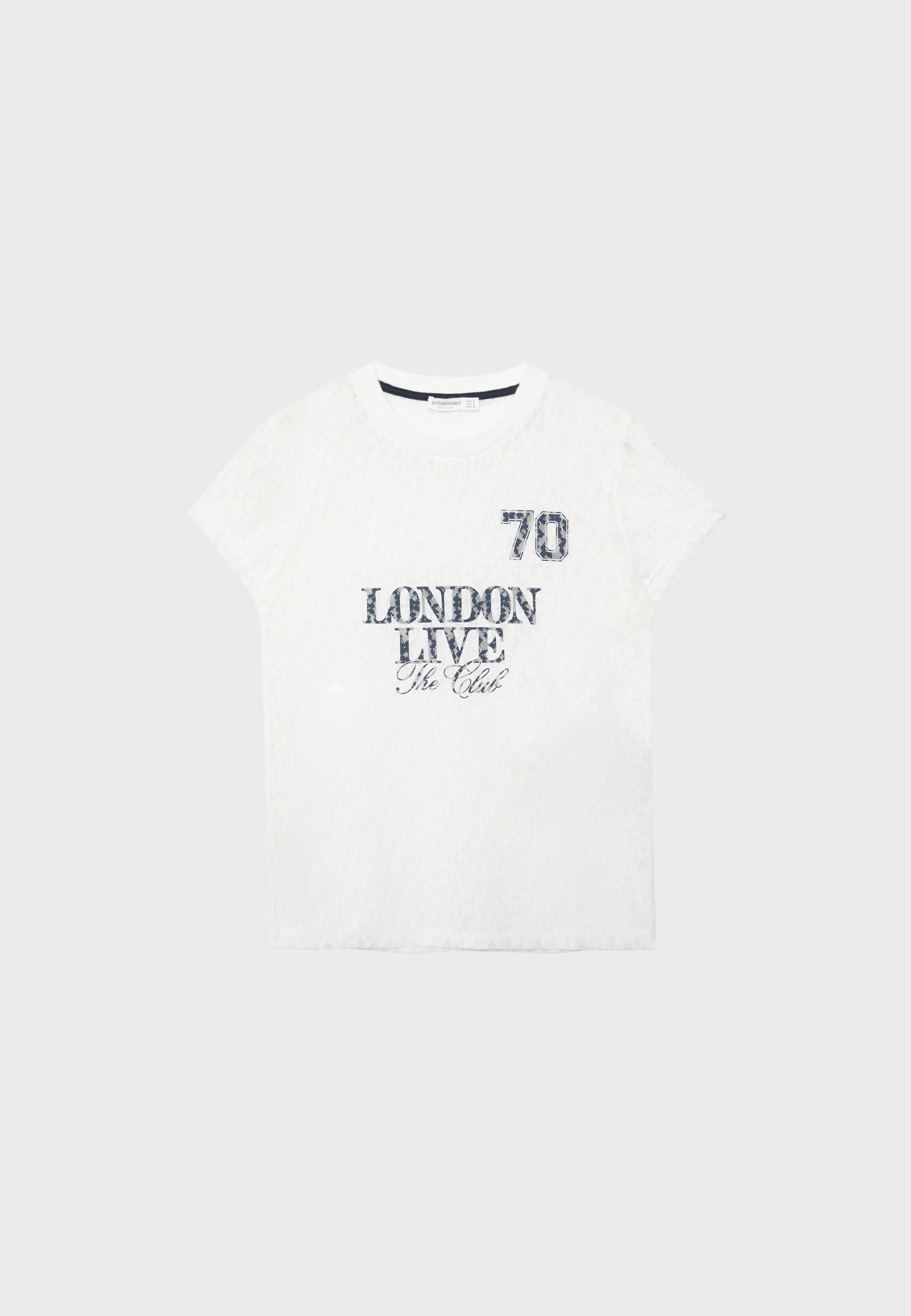 Fitted T-shirt with lace and graphic detail — Ecru