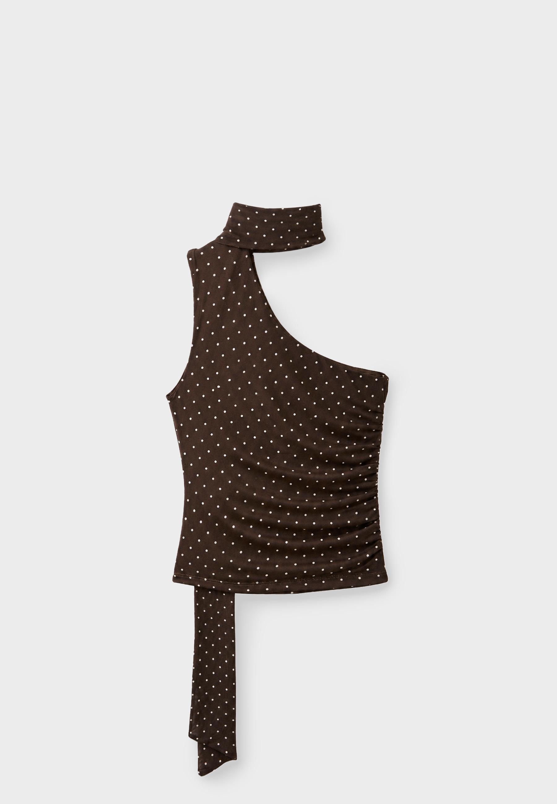 Asymmetric tulle polka dot neckerchief top — Brown