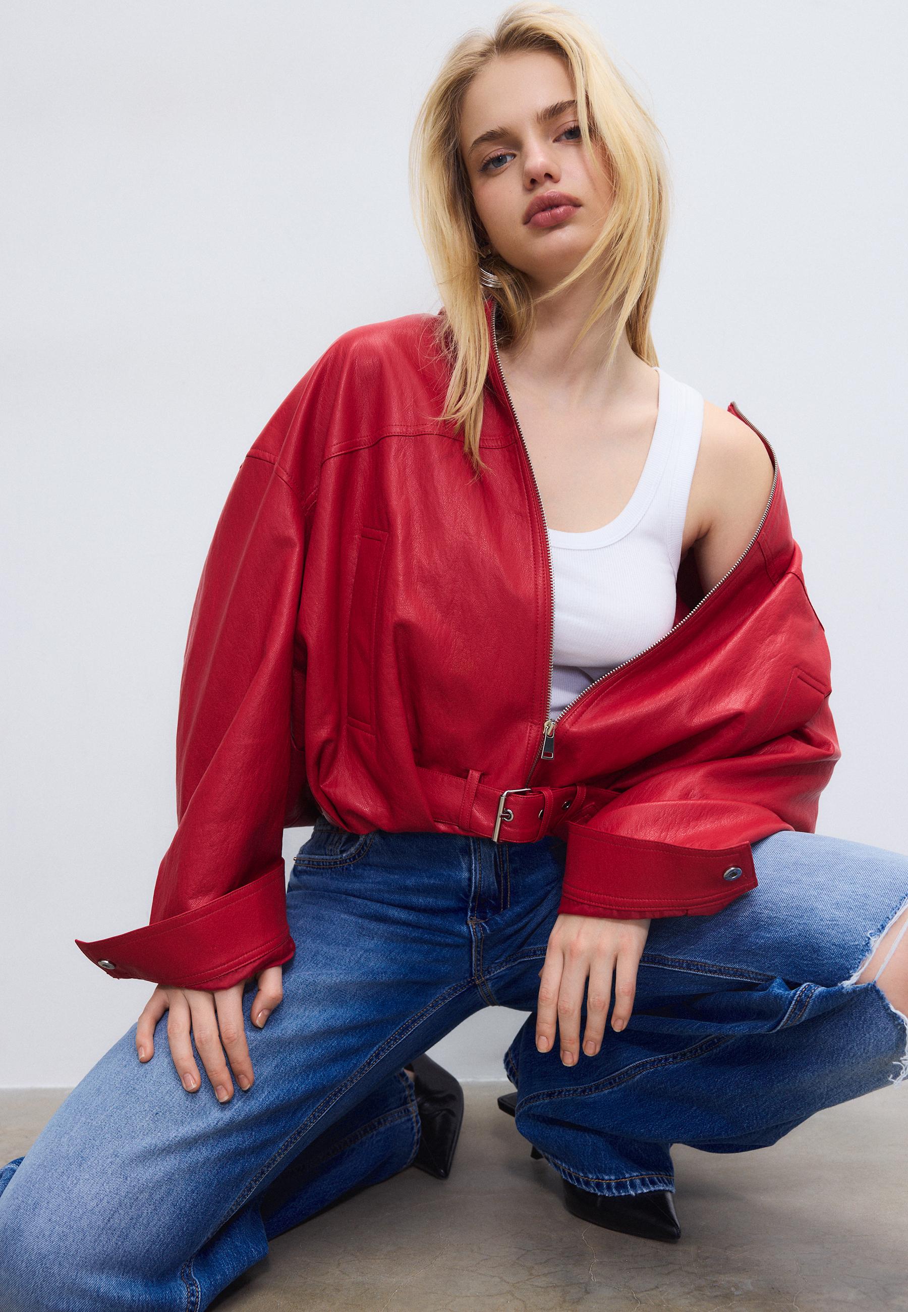 Leather effect balloon jacket with belt detail — Red