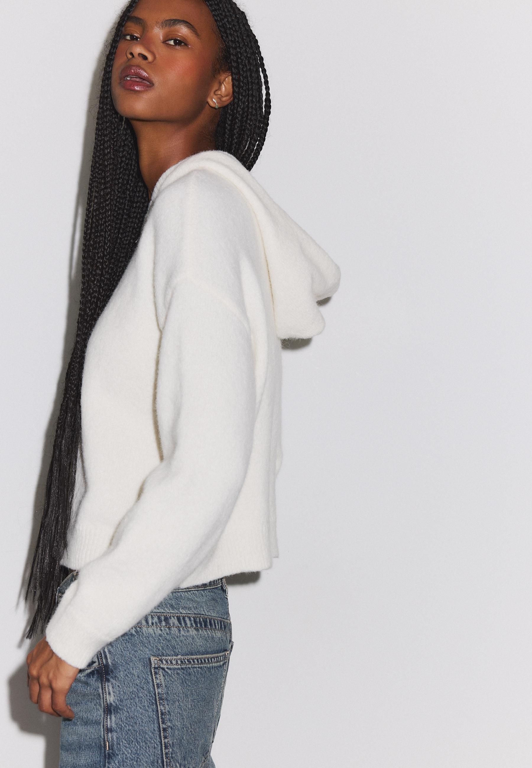 Zipped hooded knit cardigan — Ecru
