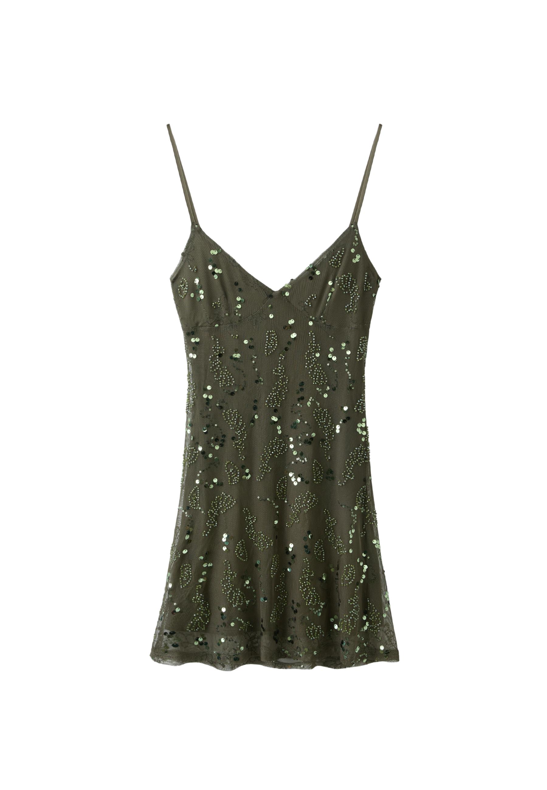 Rhinestone short dress — Khaki