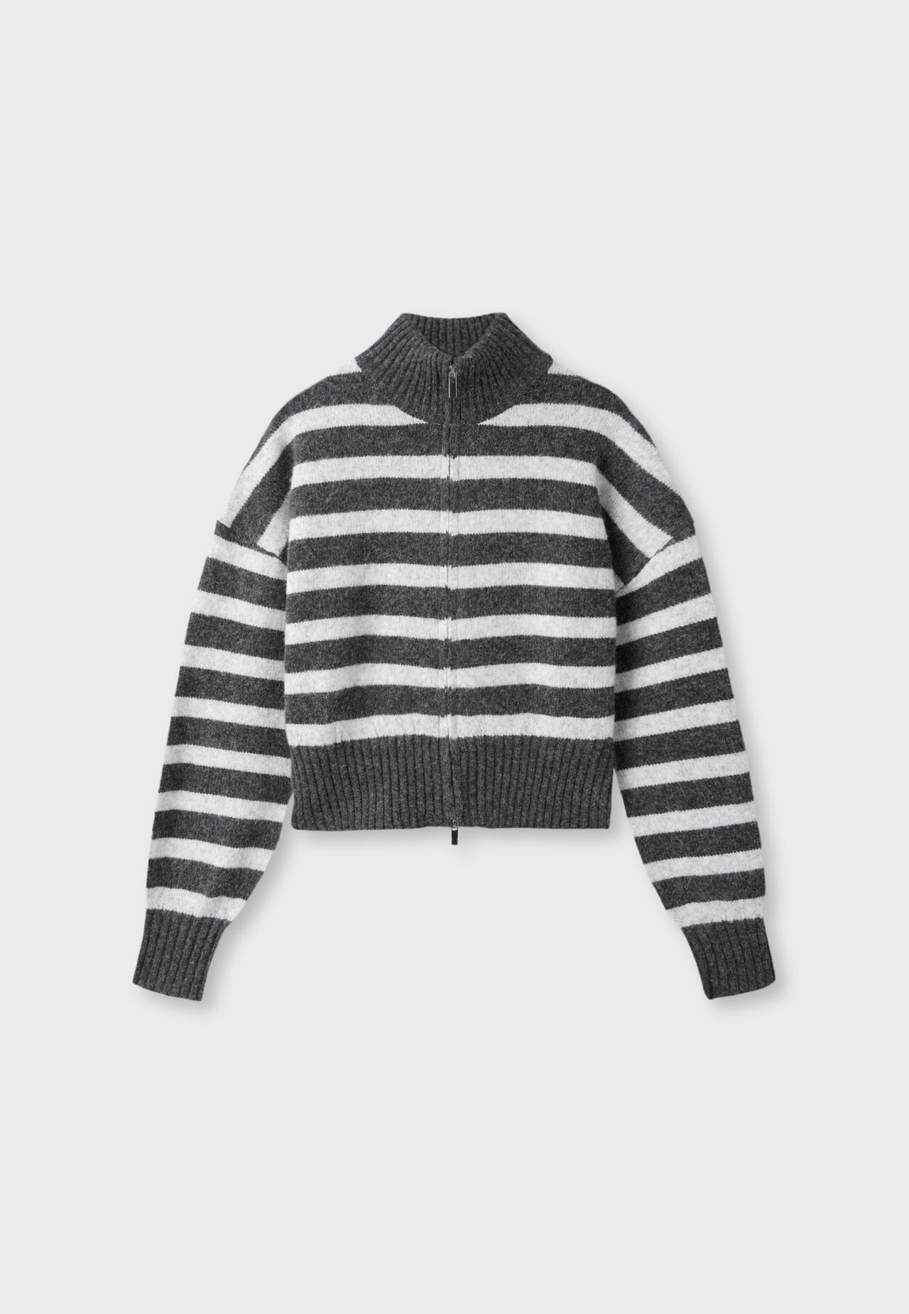 Striped zip-up knit cardigan — Dark grey