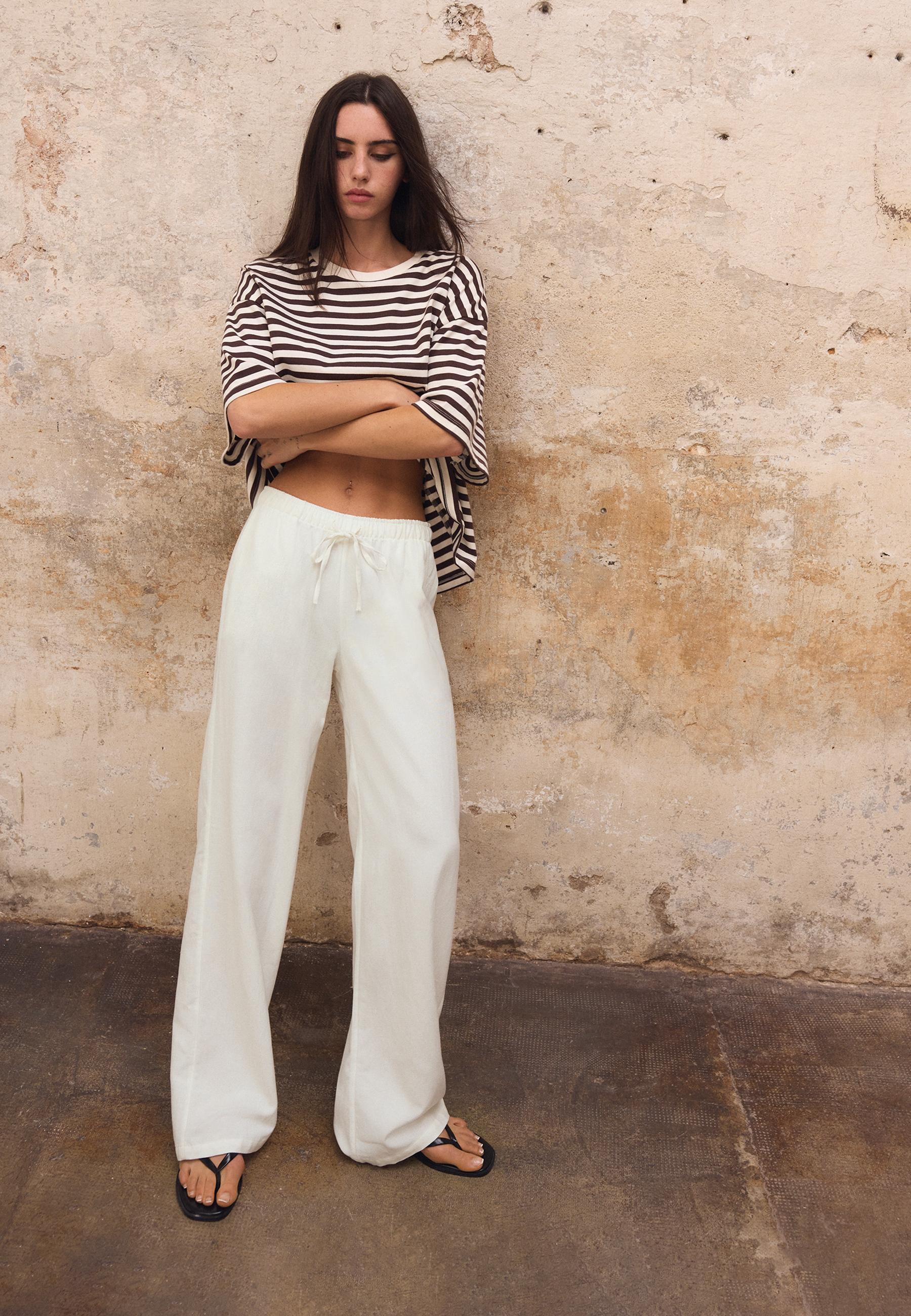 Linen-effect drawstring trousers — White