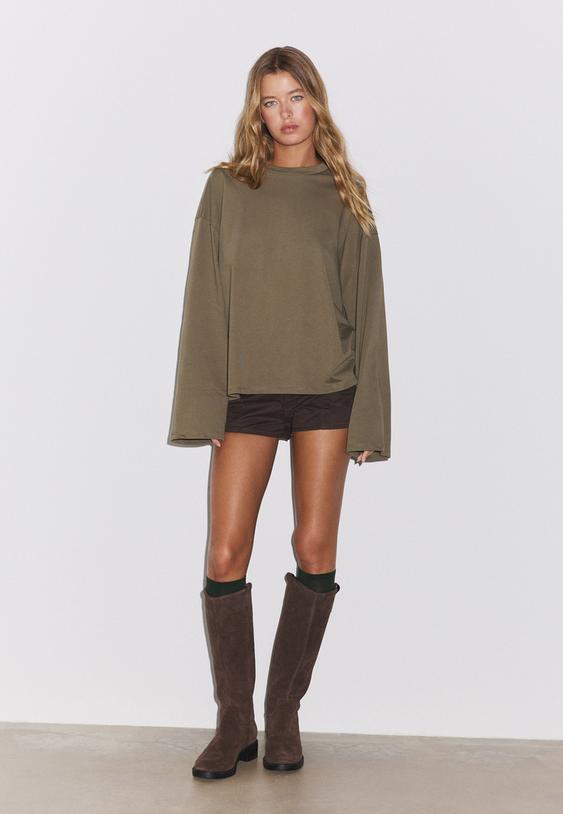 Stradivarius Boxy Long Sleeve T-Shirt Khaki Xl
