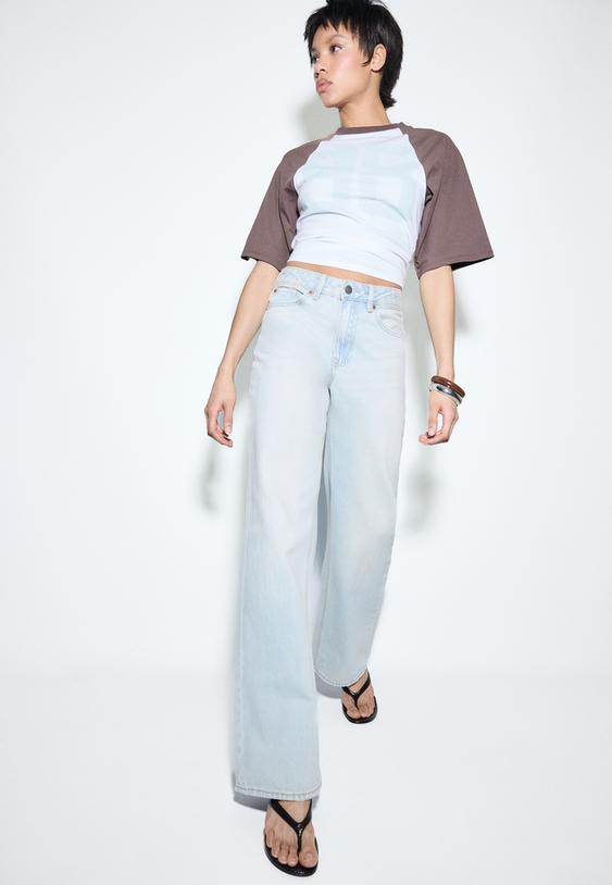 Stradivarius Straight Fit Jeans Mit Weitem Bein D92 Hellblauer Denim-Washed-Look 42