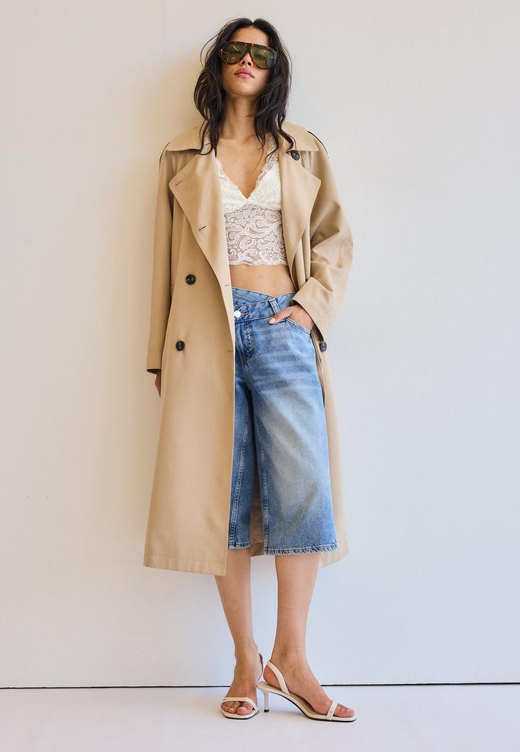 Langer, fließender Trenchcoat Steingrau S