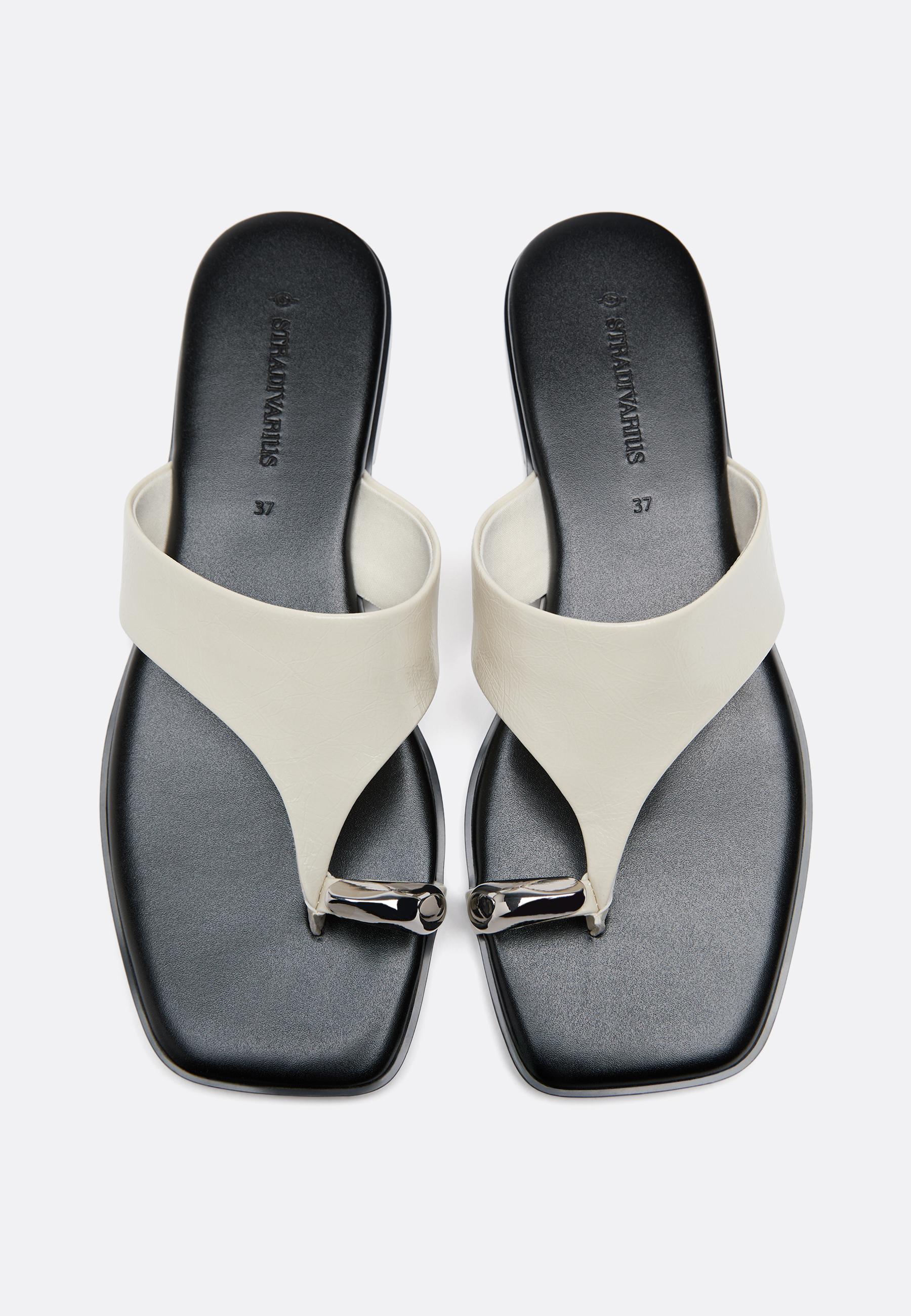 Flat slide sandals with metal detail — ECRU