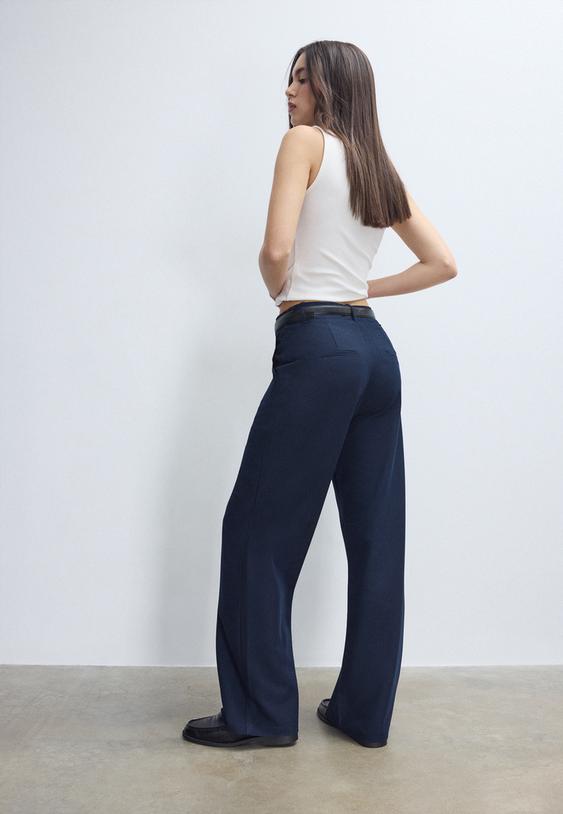 duz kesim dokumlu kemerli pantolon