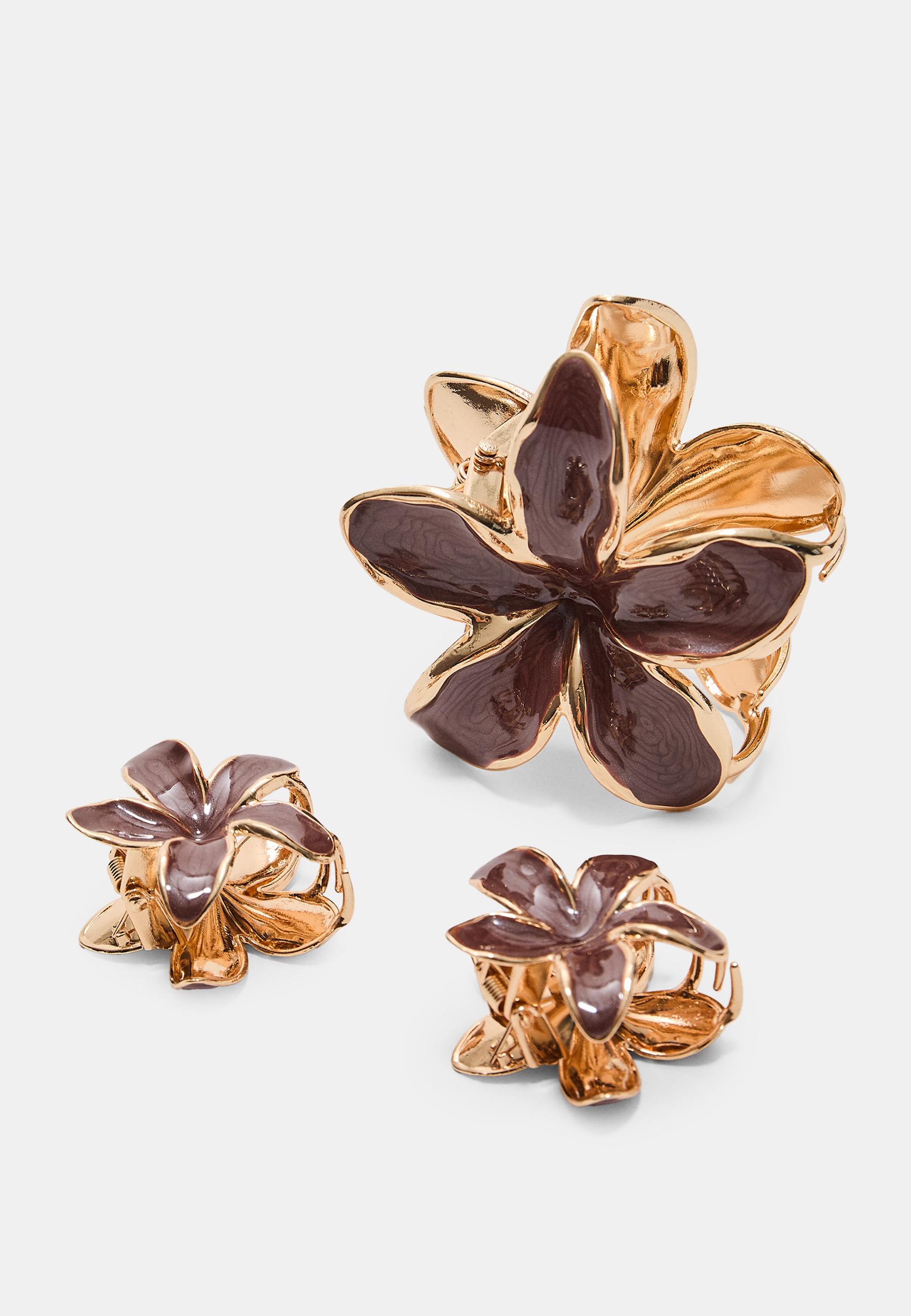 Pack of 3 floral hair clips — Brown