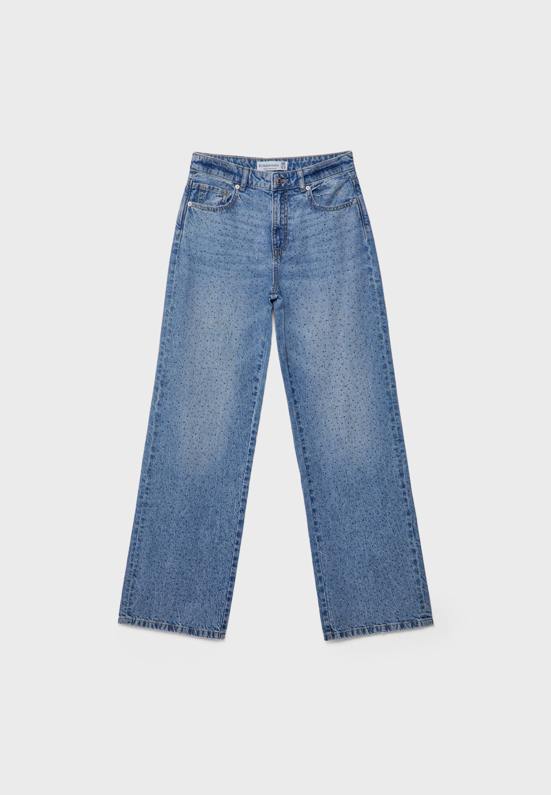 Straight-leg jeans with rhinestones — MEDIUM BLUE DENIM
