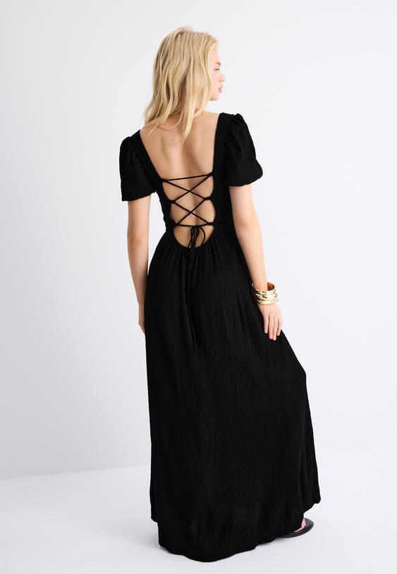 Stradivarius Robe Longue Fluide Dos Croisé Noir Xs