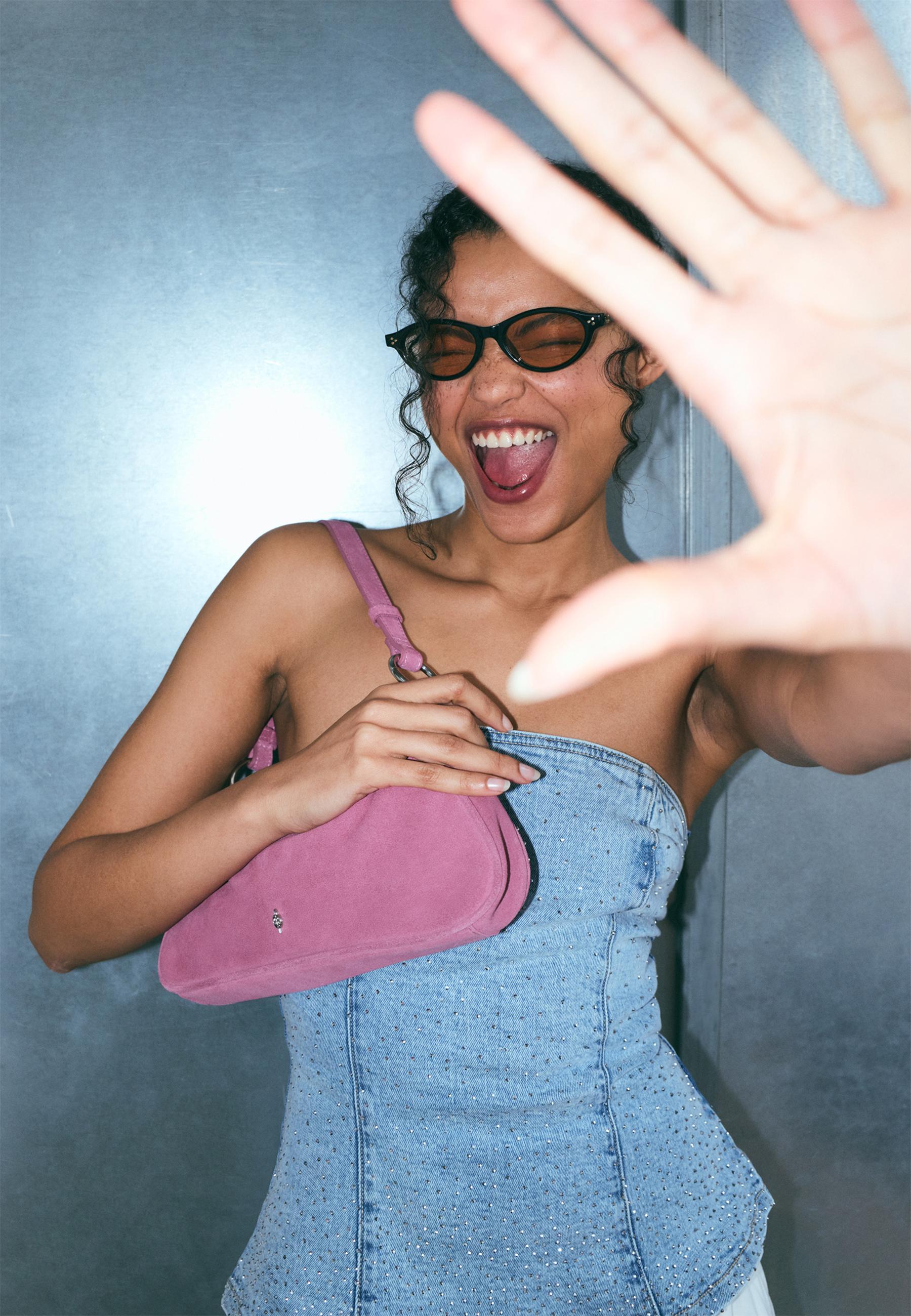 Shimmery denim bustier top — MEDIUM LIGHT BLUE DENIM